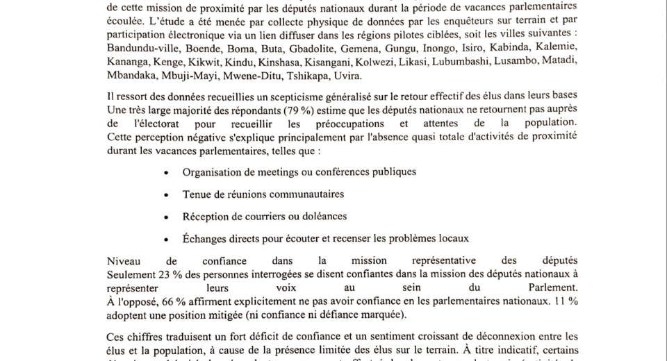 COMMUNIQUE DE PRESSE : RDC : PERCEPTION DES VACANCES PARLEMENTAIRES DES DEPUTES NATIONAUX PAR LA POPULATION