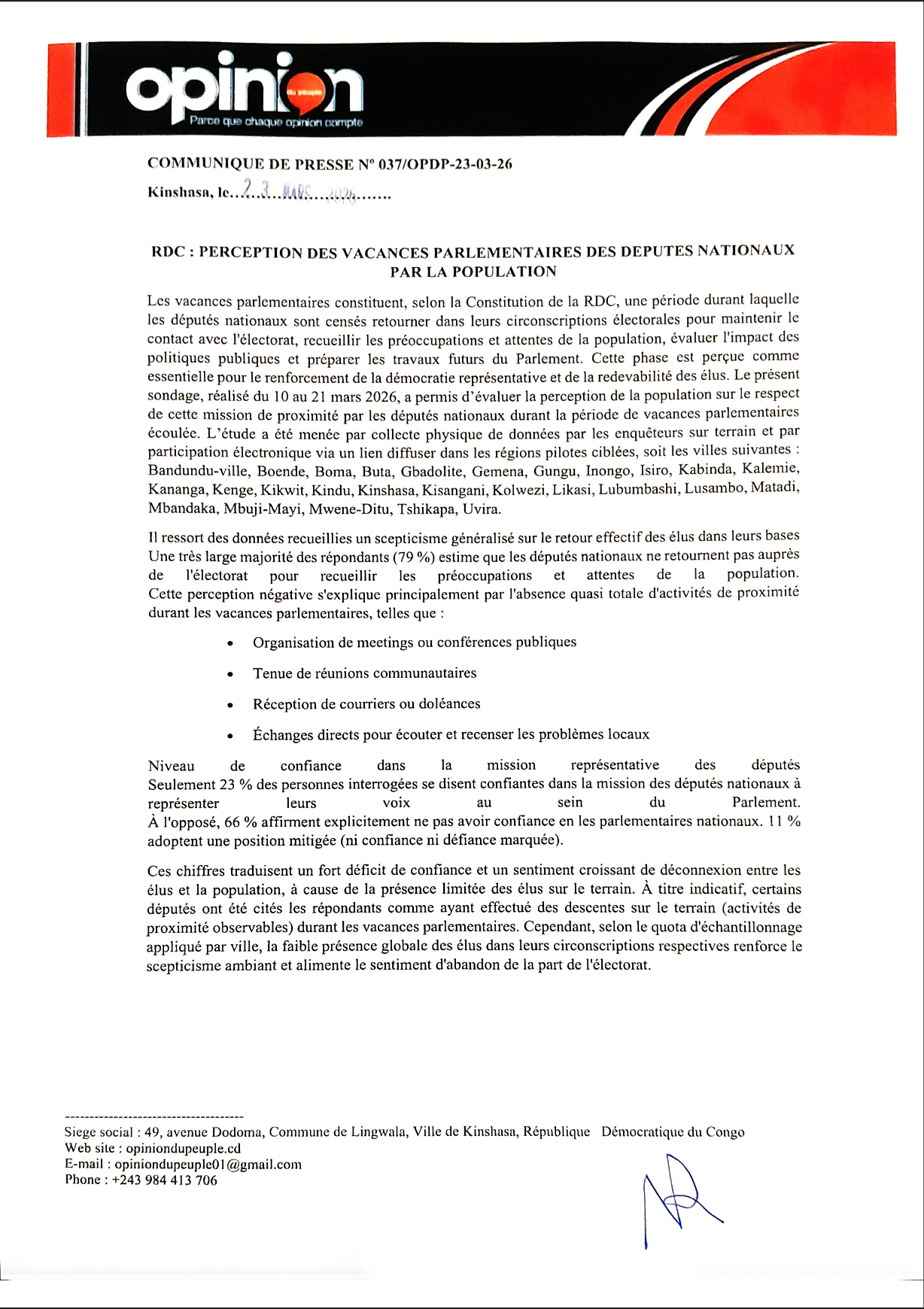 COMMUNIQUE DE PRESSE : RDC : PERCEPTION DES VACANCES PARLEMENTAIRES DES DEPUTES NATIONAUX PAR LA POPULATION